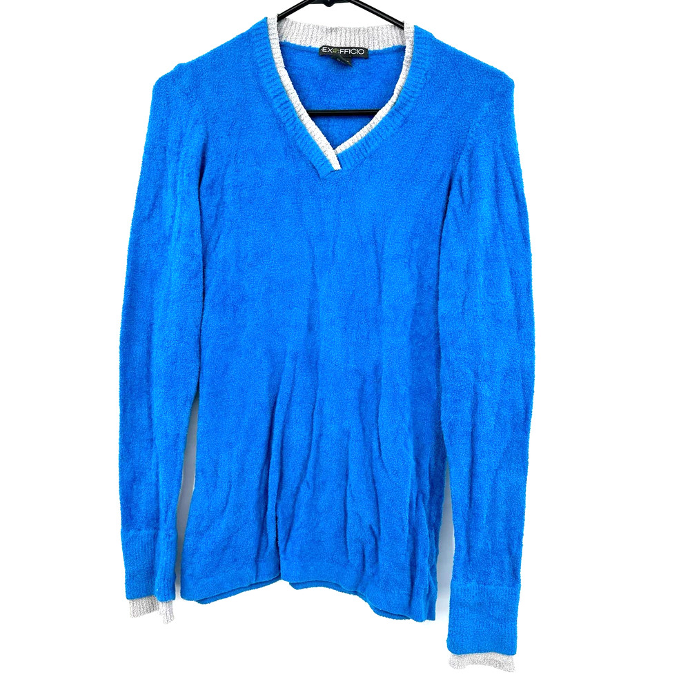 Exofficio size small long sleeve v neck sweater blue 100% nylon super soft